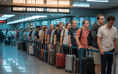 Diverse group of travelers patiently waiting in a long security checkpoint line at an airport with luggage