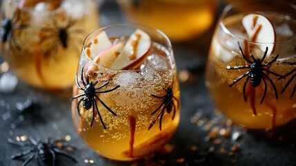 Festive Halloween cocktails garnished with apple slices and spooky fake spiders, perfect for themed parties or autumn events.