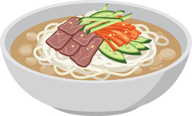 A bowl of cold noodle soup with thinly sliced beef, cucumber, and shredded carrots.