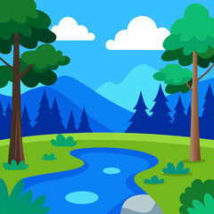 Obraz premium Blue lake in thick summer forest vector landscape background.