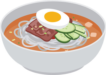 A bowl of Korean cold noodles (Naengmyeon) with a boiled egg, sliced beef, and cucumber in a savory broth, presented in a white bowl.