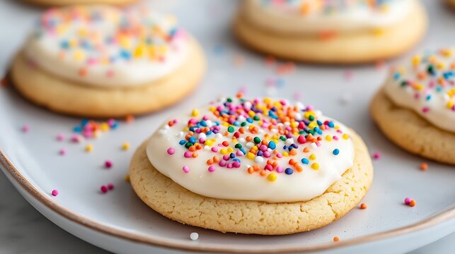 Delicious fluffy sugar cookies with frosting rainbow sprinkles