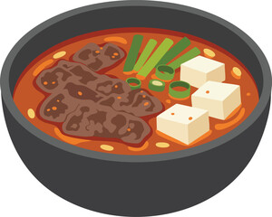 A vector illustration of a traditional Korean stew in a black bowl, featuring beef, tofu, and green onions.