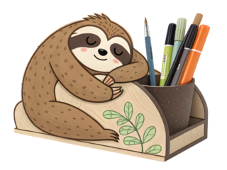 Adorable sleepy sloth holding pens and art supplies in a cute desk organizer,isolated on white background.