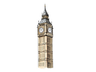 Iconic London Big Ben clock tower illustration for travel and city exploration inspiration,isolated on white background.