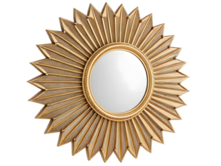 Elegant sunburst gold mirror adding glamorous accent to any luxurious home decor project,isolated on white background.