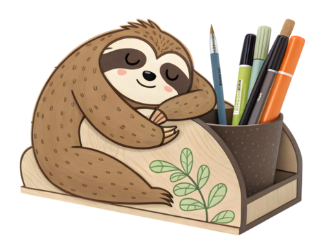Adorable sleepy sloth holding pens and art supplies in a cute desk organizer,isolated on white background.