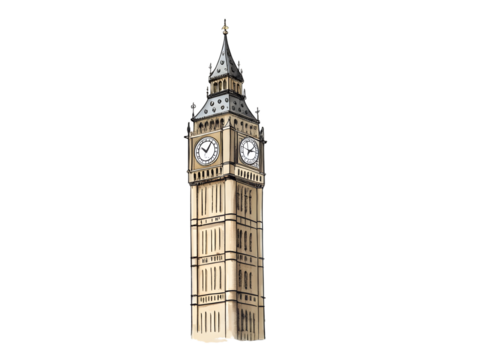 Iconic London Big Ben clock tower illustration for travel and city exploration inspiration,isolated on white background.