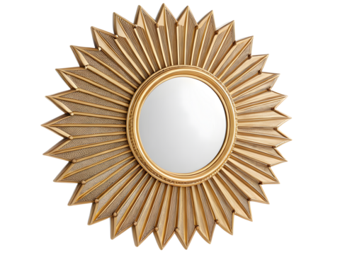 Elegant sunburst gold mirror adding glamorous accent to any luxurious home decor project,isolated on white background.
