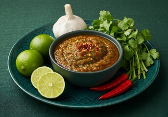 A rustic bowl of chunky salsa, artfully arranged with fresh cilantro, garlic, and limes