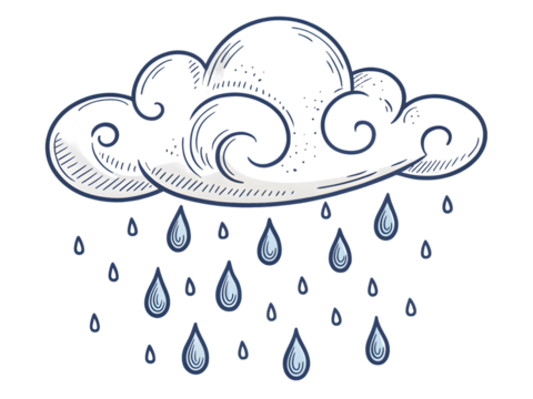 Illustrated rain cloud with falling water droplets,isolated on white background.