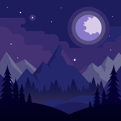 Obraz premium Dark fantasy with a full moon and starry night sky over mountains and a tree vector landscape background.