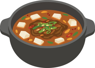 A detailed illustration of a Korean stew, served in a black earthenware pot, with tofu and vegetables.