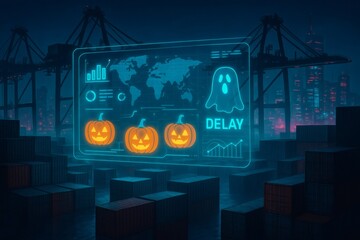 Futuristic shipping port at night with holographic logistics dashboard showing pumpkins as cargo icons, ghost delay alert, stacked containers, cranes, and neon city skyline