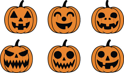 Halloween Jack-o’-Lantern Pumpkin Faces 3x3 Grid Vector Illustration