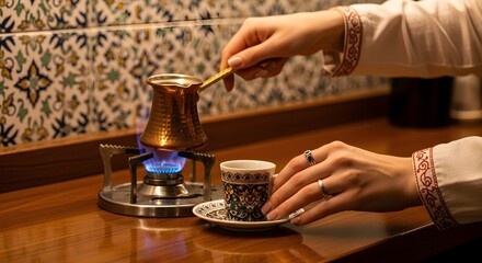 Traditional Turkish Coffee Preparation with Copper Cezve and Cup