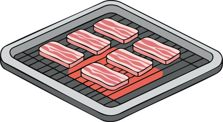 Isometric view of a grill with six pieces of raw bacon cooking on it.