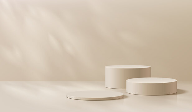 Beige 3D round product podium background with empty space, natural light. Abstract composition in minimalist design. Studio display showroom stands pedestal, Fashion stage showcase mockup wall scene.