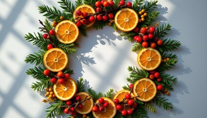 Top down view of circular wreath made from evergreen branches, cranberries