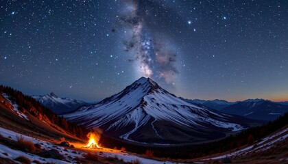 Night sky filled with stars and Milky Way visible above snowy mountain peak
