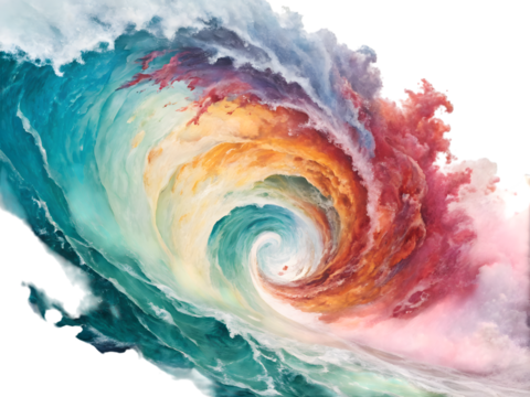 Ocean wave explodes with vibrant colors, isolated on white background