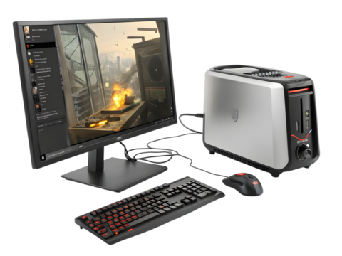 Gamer setup with a PC tower resembling a toaster, monitor, keyboard, and mouse,isolated on white background