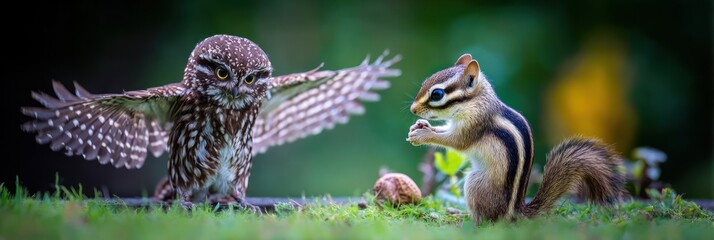 Obraz premium Owl and chipmunk encounter