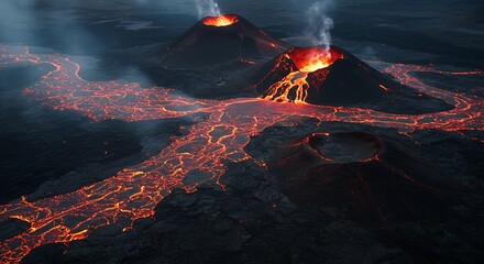 Active volcanic eruption with flowing lava rivers and smoke plumes at night