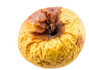 A shriveled, yellow apple with a wrinkled surface and a darkened stem, indicating it is past its peak freshness.