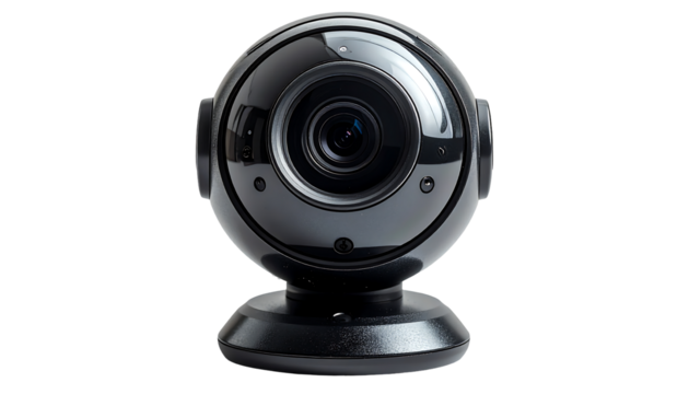 Spherical black webcam with a large lens, glossy finish, and small, dark buttons.  It sits on a circular base