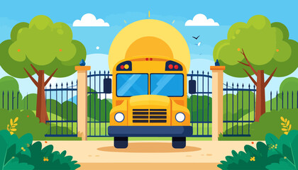 School Bus at Gate A Sunny Morning Scene with Trees, Fences, and a Welcoming Atmosphere