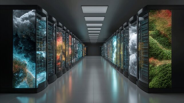 Exascale computing cluster optimizing climate forecasting models using synthetic weather simulations and deep learning feedback loops to reduce global environmental uncertainties.