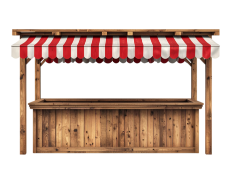 A rustic wooden stall with a red and white striped awning, designed for selling products in an outdoor setting.
