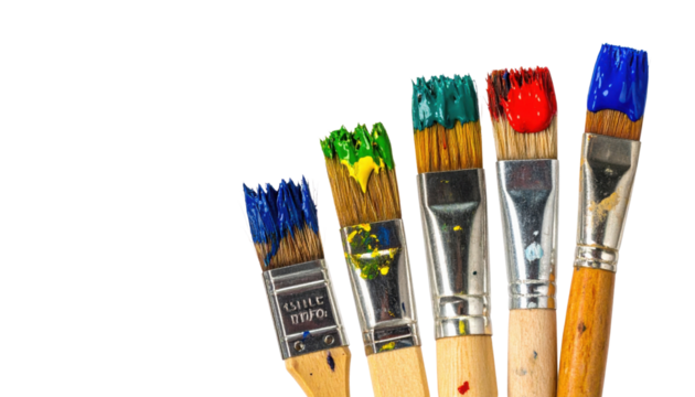 A collection of paintbrushes with vibrant, multicolored bristles showcasing various paint applications.