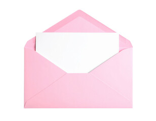 A pink envelope partially opened, revealing a blank white card inside.