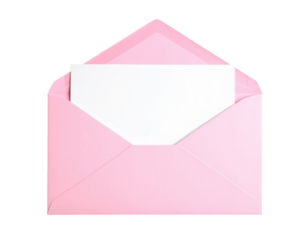 A pink envelope partially opened, revealing a blank white card inside.