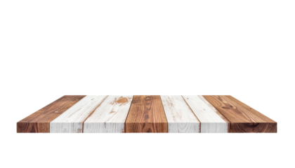 A wooden tabletop featuring alternating light and dark planks arranged in a horizontal layout.