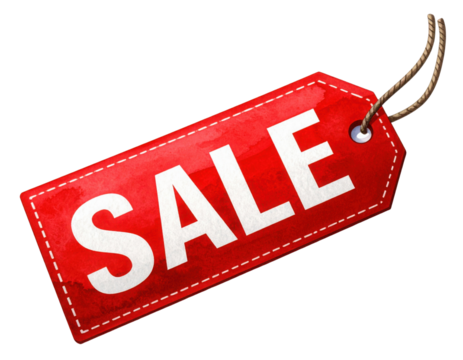 A vibrant red tag with the word "SALE" prominently displayed in bold white letters. - Powered by Adobe