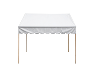 A white canopy tent with scalloped edges supported by wooden poles, suitable for outdoor events or gatherings.