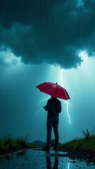 A person stands alone in the rain holding a red umbrella beneath a dark, stormy sky.