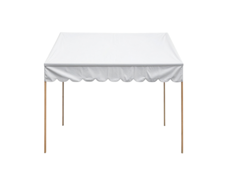 A white canopy tent with scalloped edges supported by wooden poles, suitable for outdoor events or gatherings.