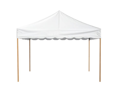 A white canopy tent with a peaked roof and wooden poles, suitable for outdoor events and gatherings.