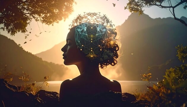 Serene woman, ethereal crown, sunset lake