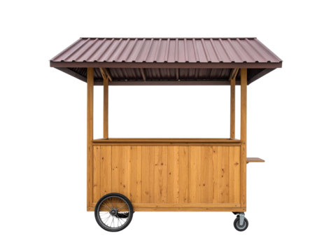 A wooden cart with a slanted roof and wheels, designed for selling goods or food.