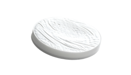 White, round disc with embossed wood grain texture, slightly raised edges, and a subtle shadow