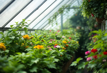 Greenhouse Abundance: Lush Floral Display Under Glass Roof