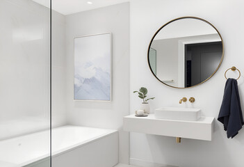 Minimalist Bathroom Interior with Round Mirror and Modern Fixtures