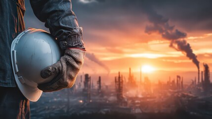 Industrial Worker Holding Safety Helmet at Sunset Over Refinery
