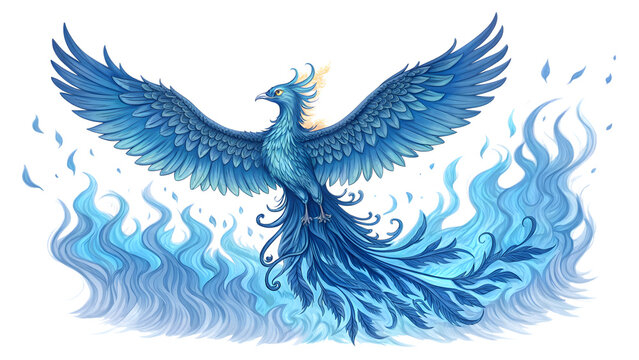 Elegant blue phoenix rising from flames,isolated on white background
