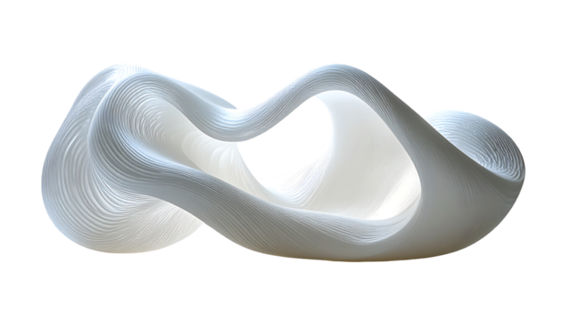 Abstract white sculpture; flowing, layered form with smooth, undulating surfaces and an interlocked, organic shape